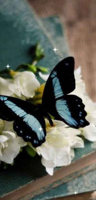 Elegant butterfly with white flowers and books on a serene background.