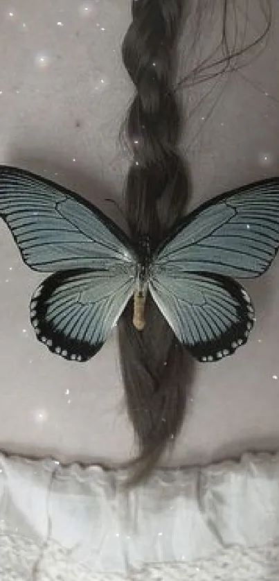 Elegant butterfly resting on a braided hairstyle with soft tones and delicate beauty.