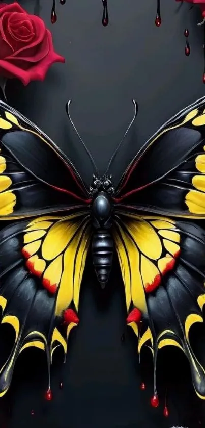 Vibrant yellow and black butterfly on dark roses wallpaper.