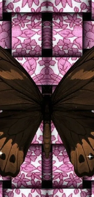 Dark butterfly on a pink floral geometric background.