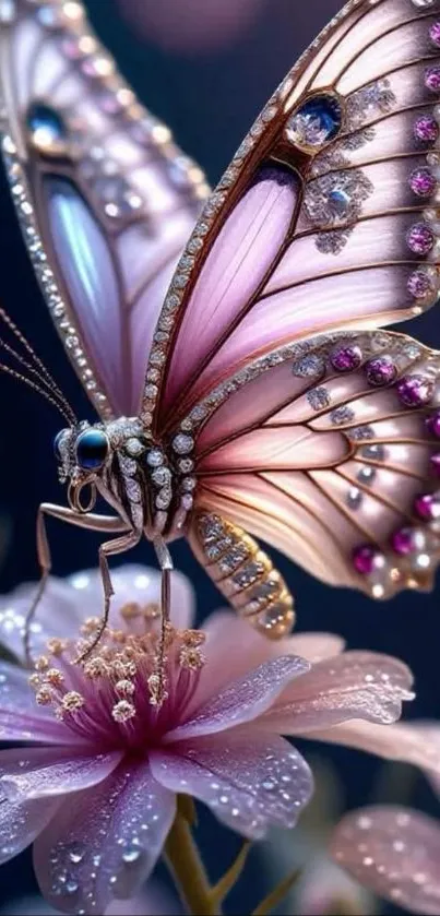 Jeweled butterfly delicately rests on a flower with sparkling accents.