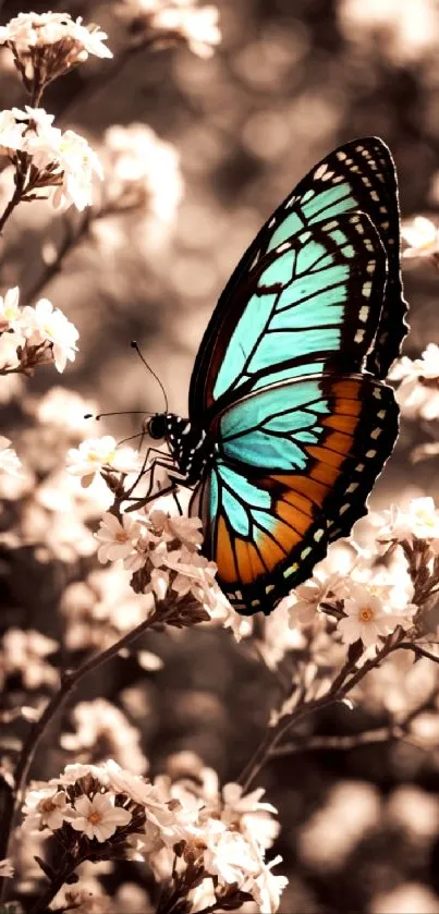 Light blue butterfly on white flowers in nature.