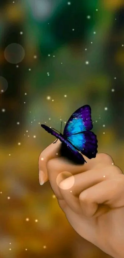 Vibrant blue butterfly resting on a hand with a blurred forest backdrop.