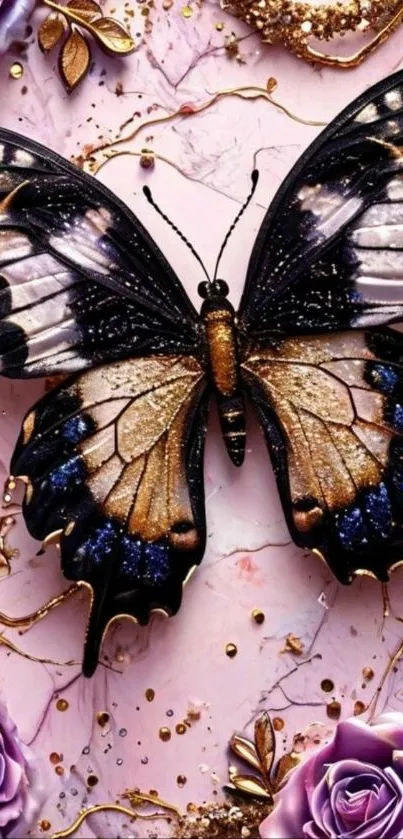 Black and gold butterfly on purple marble with roses.