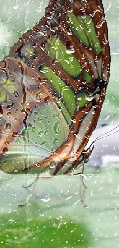 Butterfly perched on glass with raindrops, surrounded by green hues.