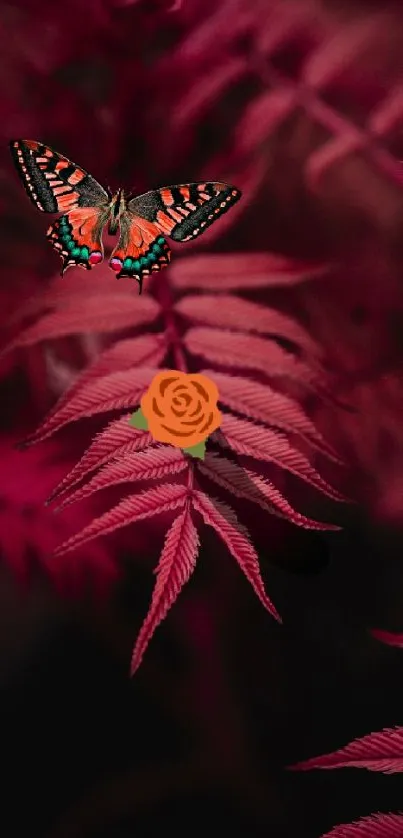 Butterfly on crimson red leaves with a vibrant design.