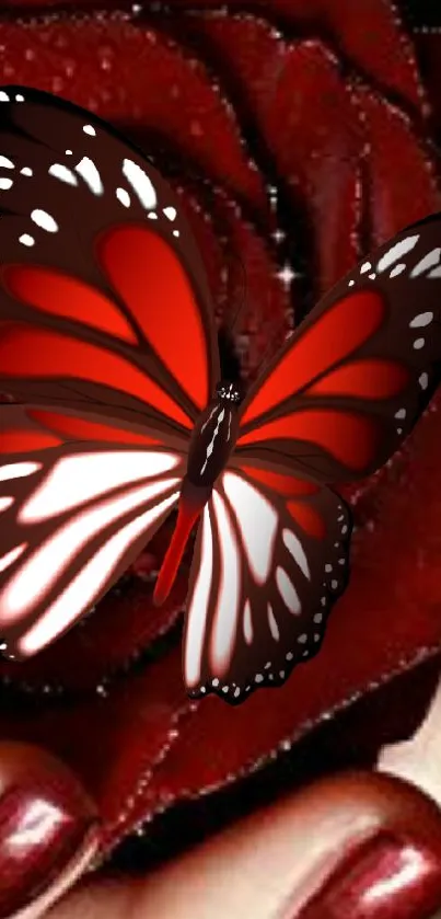 A vibrant red butterfly on a deep red rose with elegant details.