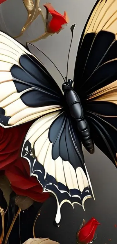 Elegant butterfly perched on vivid red roses.