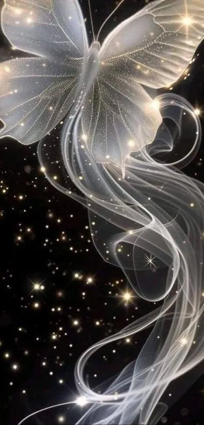 Shimmering butterfly with stars on black background.