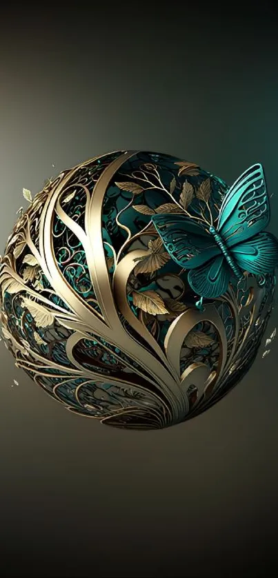 Elegant butterfly and ornate orb mobile wallpaper with dark gradient backdrop.