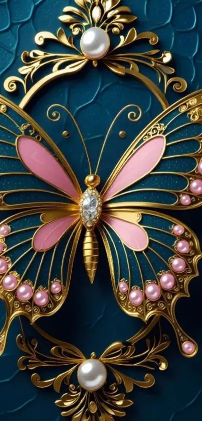 Elegant butterfly ornament with gold and pink accents on turquoise background.