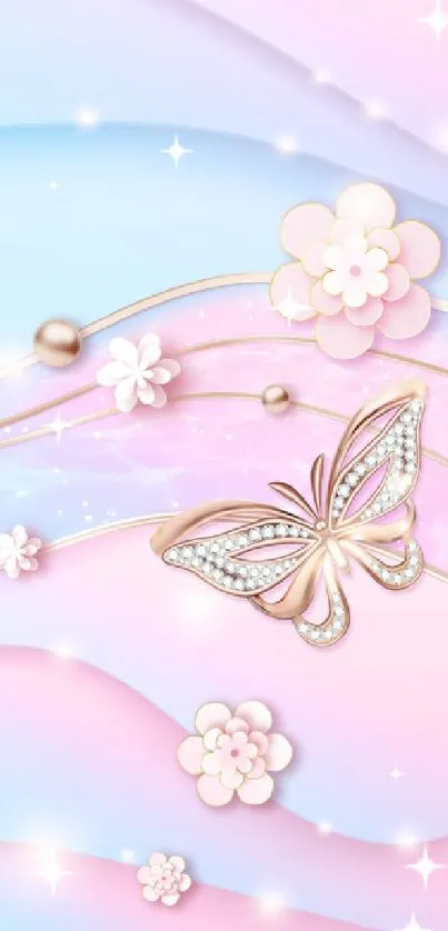 Pastel wallpaper with jeweled butterfly and flowers.