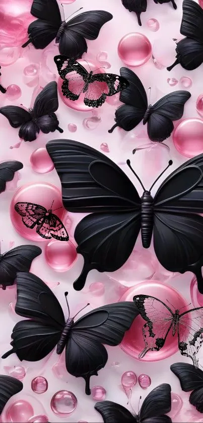 Black butterflies with pink bubbles wallpaper.