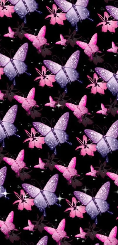 Elegant butterfly wallpaper with pink hues on black background.