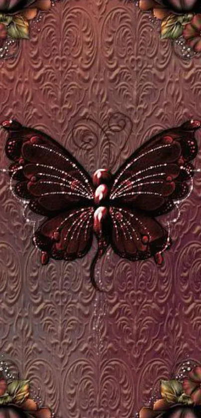 Elegant burgundy butterfly wallpaper with floral pattern.