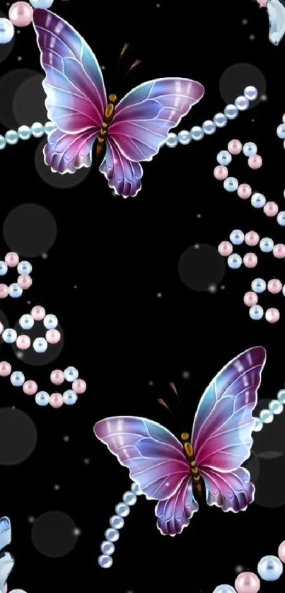 Elegant butterfly and pearl mobile wallpaper with black background.