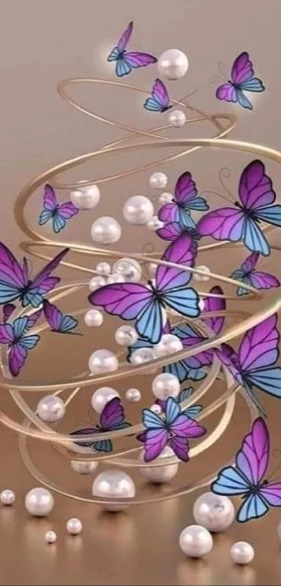 Elegant wallpaper with purple butterflies and pearls.