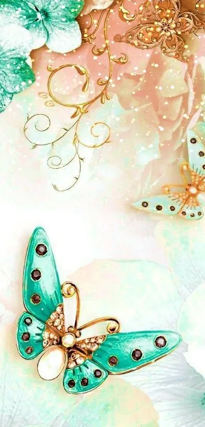Elegant teal butterfly and floral wallpaper design.