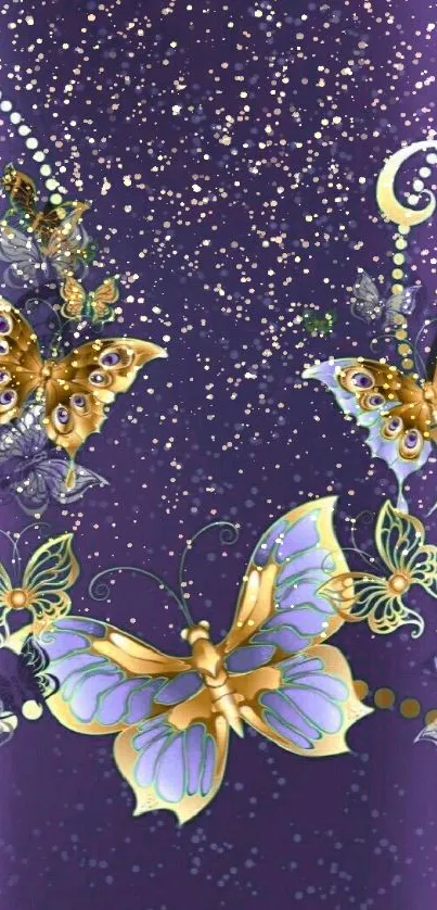 Elegant wallpaper with gold butterflies on a violet background.