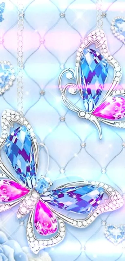 Elegant butterfly wallpaper with jewels and flowers in blue hues.