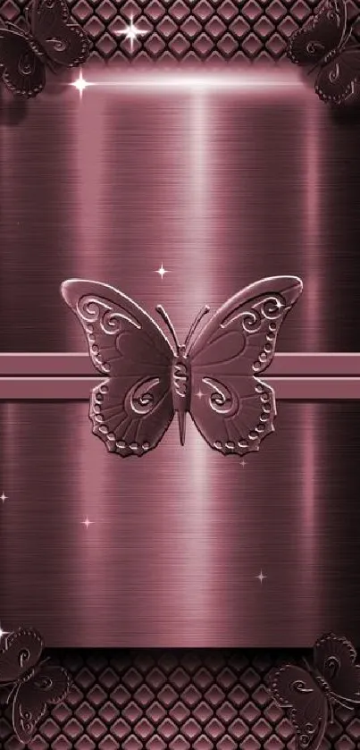 Rose metallic phone wallpaper with butterfly design.