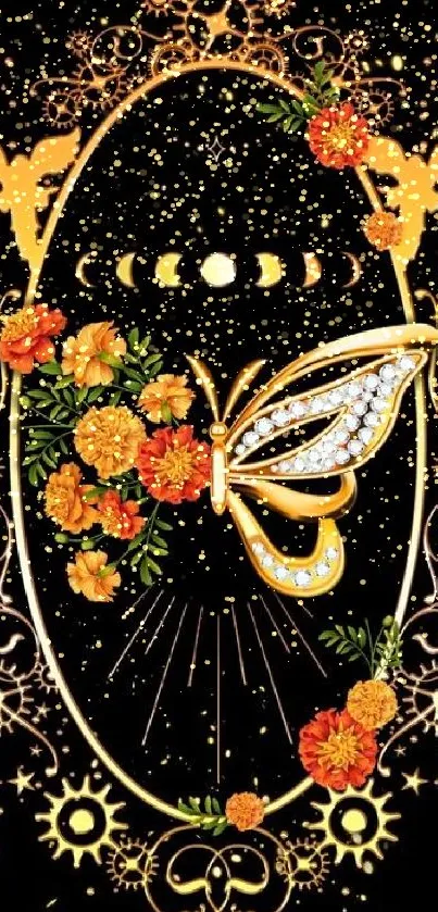 Golden butterfly and marigold floral design mobile wallpaper with celestial elements.