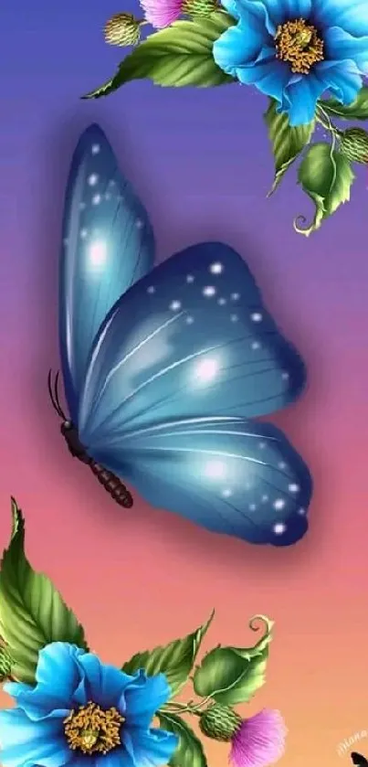 Elegant blue butterfly with flowers on a sunset background wallpaper.