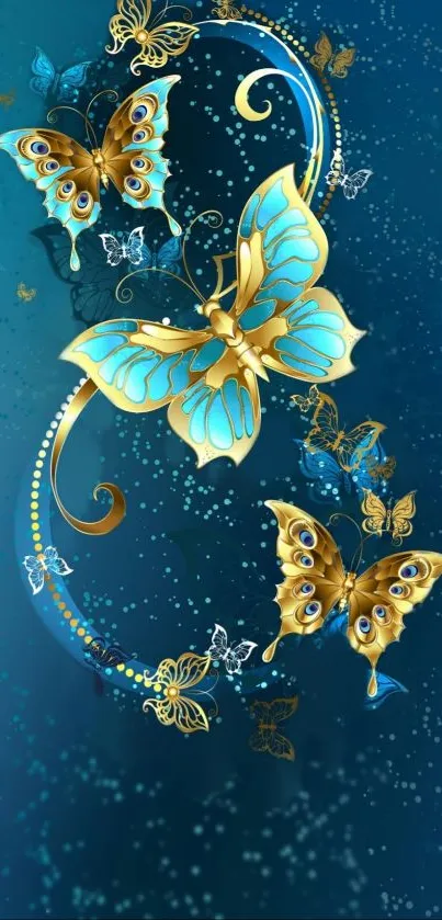 Elegant wallpaper with golden and blue butterflies on a deep blue background.