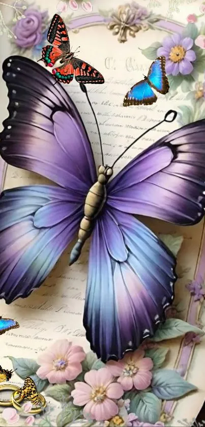 Elegant purple butterfly on floral background.