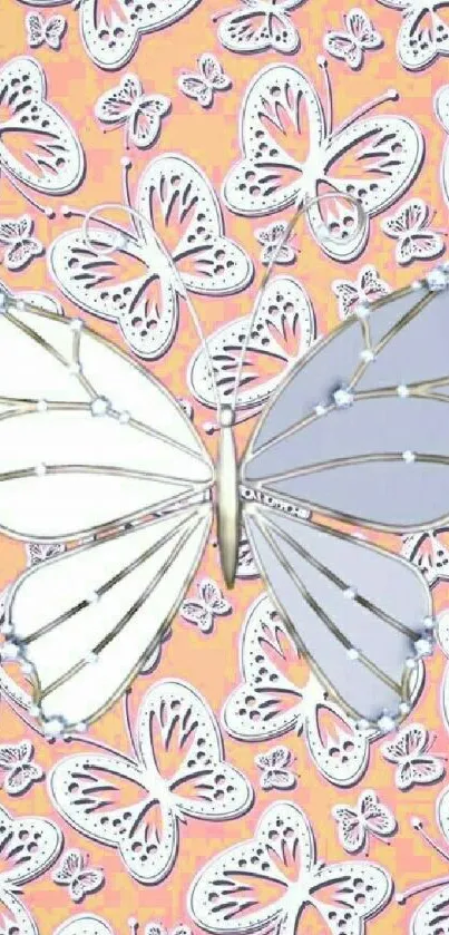 Elegant butterfly design on phone wallpaper with orange background.