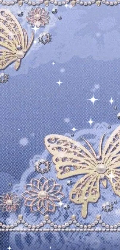 Elegant butterfly with floral designs on a blue wallpaper.