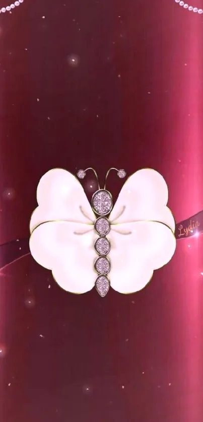 Elegant butterfly with gemstones on a maroon background.