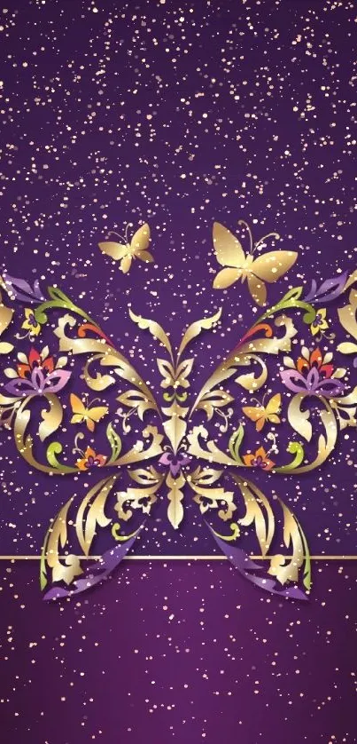 Elegant purple and gold butterfly wallpaper design for mobile phone.