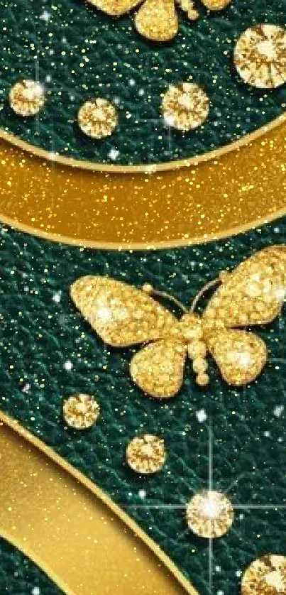 Elegant wallpaper with gold butterflies on dark green background.