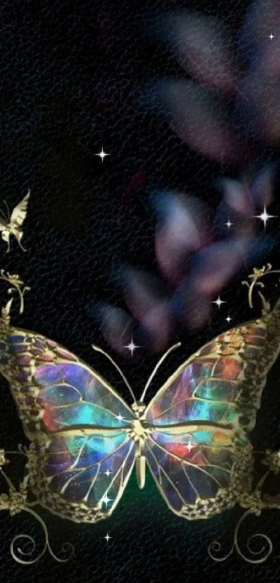 Elegant butterfly with gold accents on dark background.