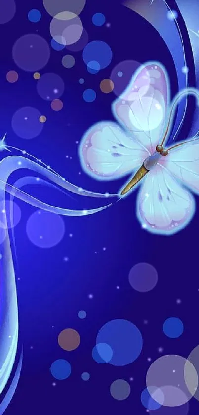 Glowing butterfly on a blue background wallpaper.