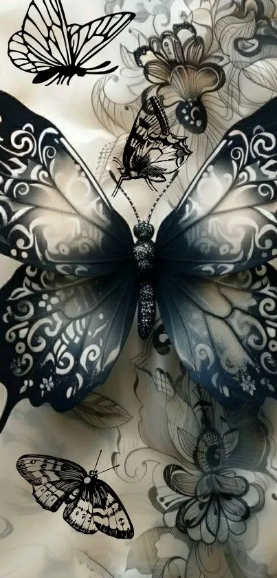 Elegant black and white butterfly design wallpaper with floral accents.