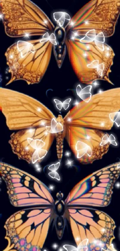 Elegant golden butterflies with sparkles on a dark background.