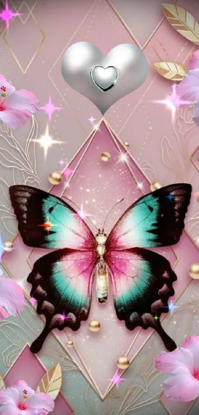 Elegant butterfly and pink floral wallpaper with geometric accents.