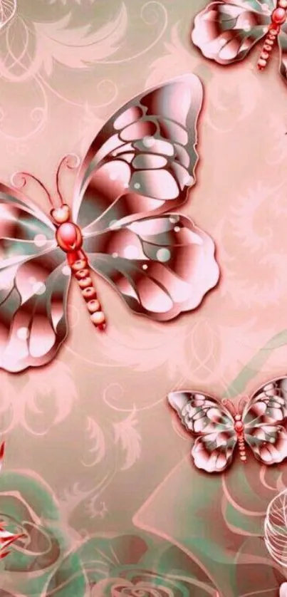 Pink and green butterfly wallpaper with floral theme.