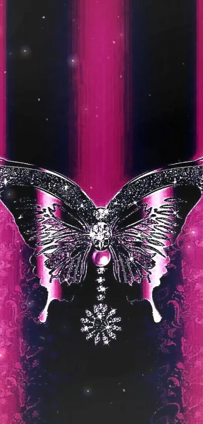 Elegant mobile wallpaper featuring a pink butterfly with silver accents.