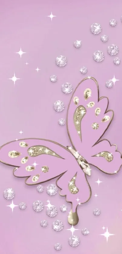 Elegant pink butterfly with sparkling gems on a soft pink background.