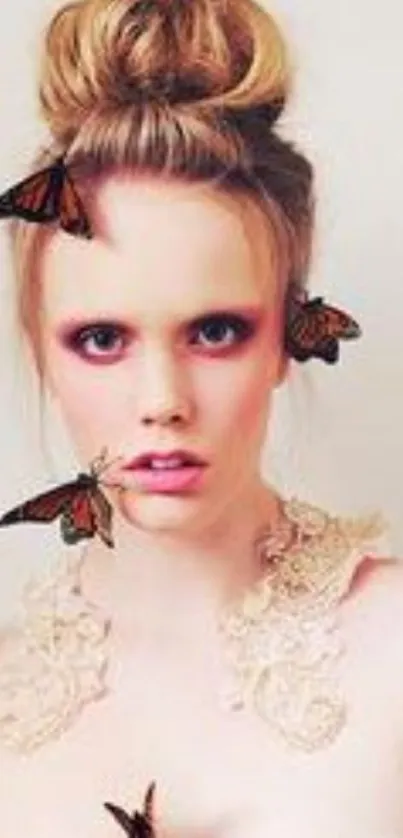 Artistic portrait with butterflies on woman.