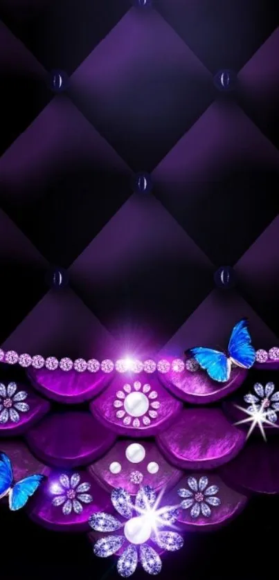 Purple and blue butterfly wallpaper with jewel accents.