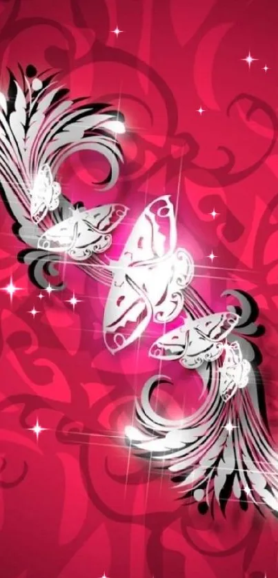 Elegant red wallpaper with white butterflies and flourishes.