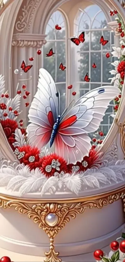 Elegant butterfly on floral background wallpaper.