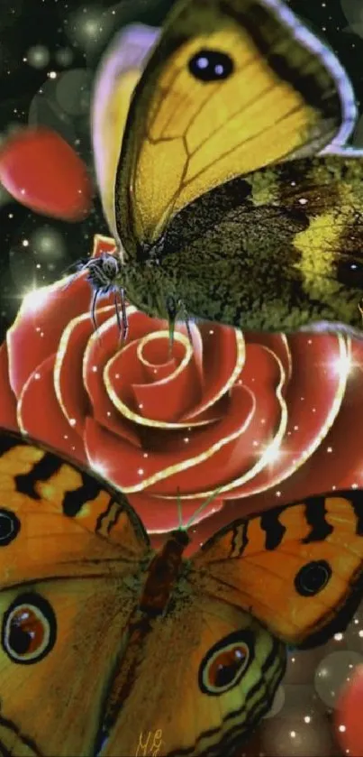 Butterflies resting on a vibrant rose