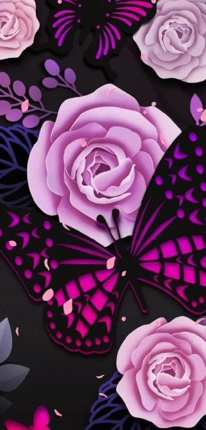 Elegant purple butterflies and roses on a dark background.