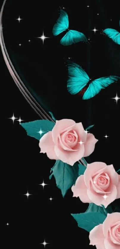 Elegant wallpaper with roses and butterflies on black background.