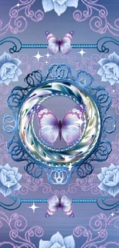 Elegant wallpaper with butterflies and roses in purple and blue tones.